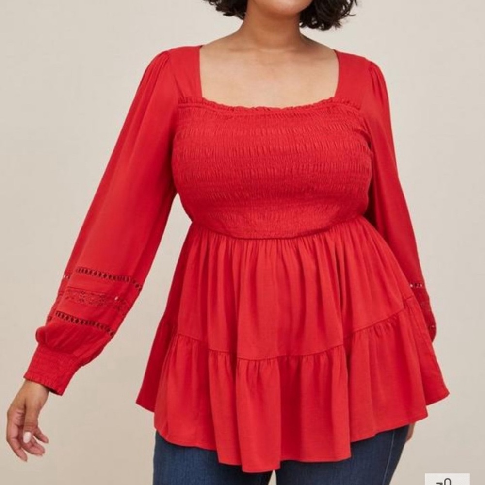 Red Smocked Chest Long Sleeve Blouse 💋